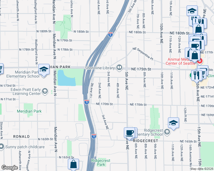 map of restaurants, bars, coffee shops, grocery stores, and more near 17060 3rd Avenue Northeast in Shoreline
