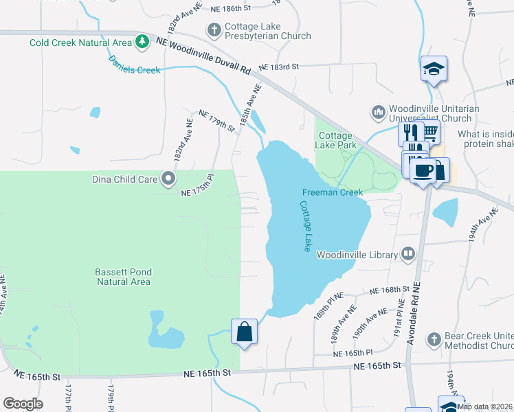 map of restaurants, bars, coffee shops, grocery stores, and more near 17420 185th Avenue Northeast in Woodinville