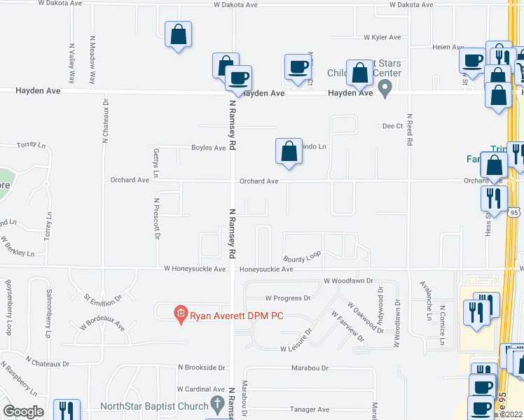 map of restaurants, bars, coffee shops, grocery stores, and more near 1391 Sutherland Court in Hayden