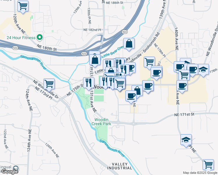 map of restaurants, bars, coffee shops, grocery stores, and more near in Woodinville