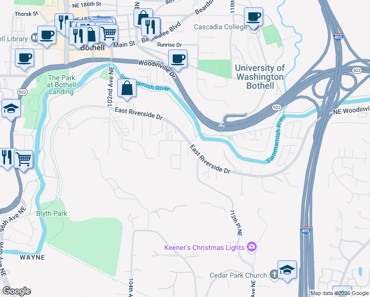 map of restaurants, bars, coffee shops, grocery stores, and more near 17410 107th Place Northeast in Bothell