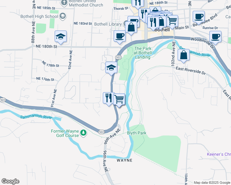 map of restaurants, bars, coffee shops, grocery stores, and more near 17331 Bothell Way Northeast in Bothell