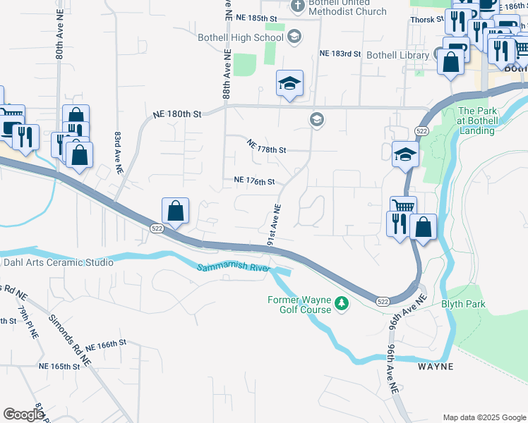 map of restaurants, bars, coffee shops, grocery stores, and more near 17309 91st Avenue Northeast in Bothell