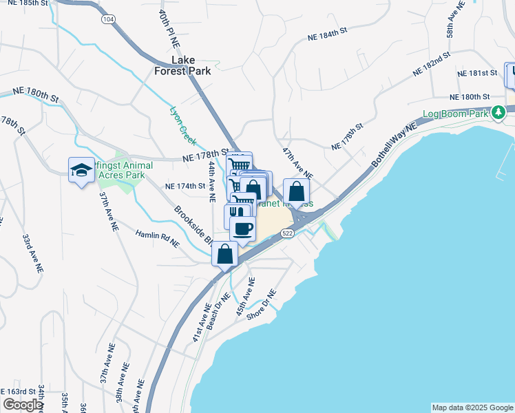 map of restaurants, bars, coffee shops, grocery stores, and more near 17171 Bothell Way Northeast in Lake Forest Park