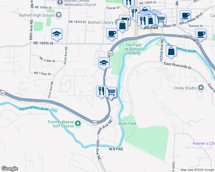 map of restaurants, bars, coffee shops, grocery stores, and more near 17331 Bothell Way Northeast in Bothell
