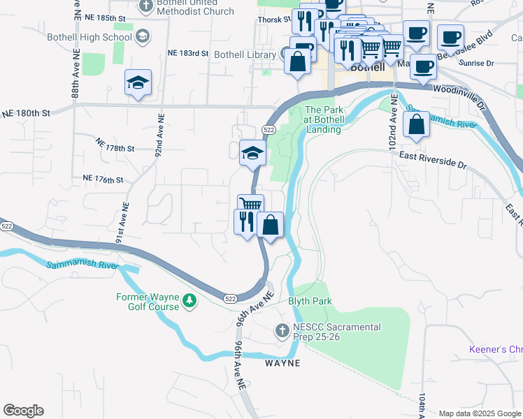 map of restaurants, bars, coffee shops, grocery stores, and more near 17338 Bothell Way Northeast in Bothell