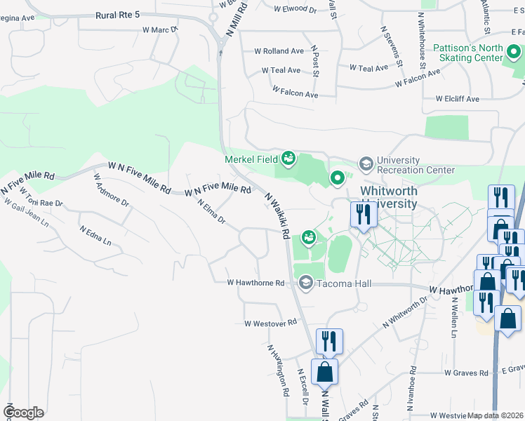 map of restaurants, bars, coffee shops, grocery stores, and more near 919 West Pirate Lane in Spokane