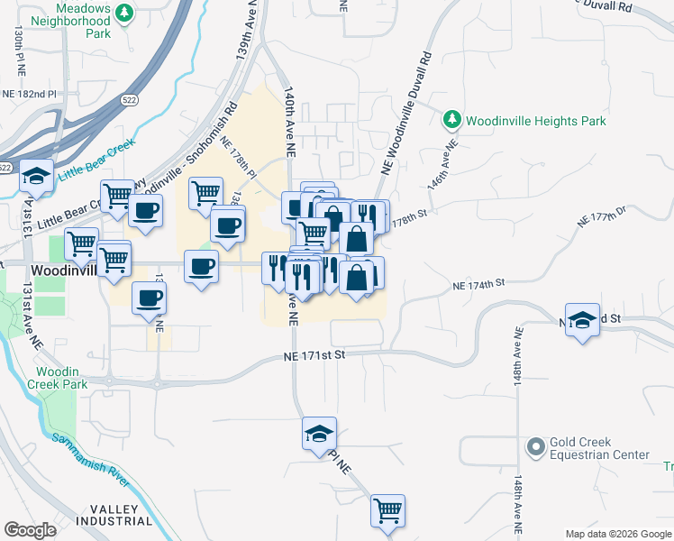 map of restaurants, bars, coffee shops, grocery stores, and more near 14111 Northeast Woodinville Duvall Road in Woodinville