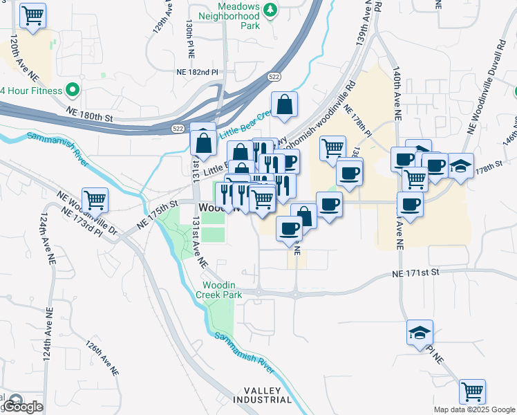 map of restaurants, bars, coffee shops, grocery stores, and more near 13311 Northeast 175th Street in Woodinville