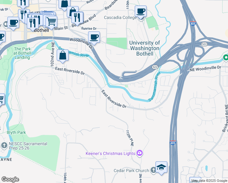 map of restaurants, bars, coffee shops, grocery stores, and more near 10837 East Riverside Drive in Bothell