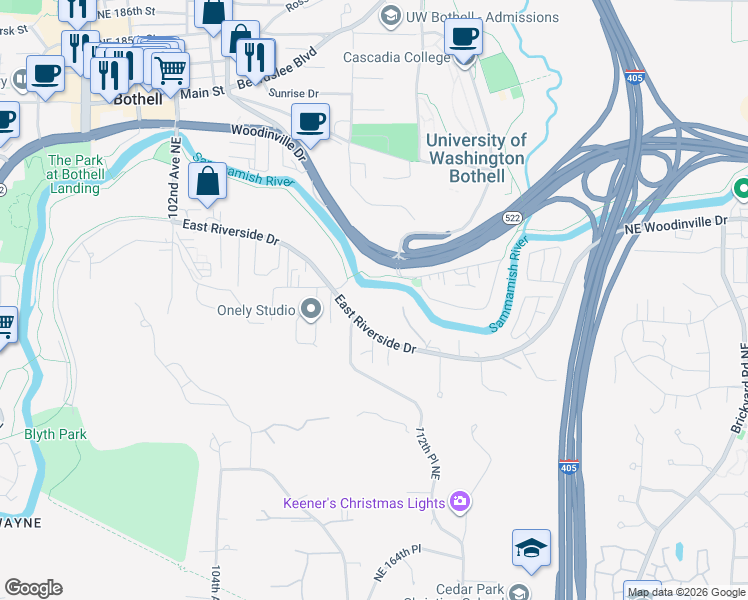 map of restaurants, bars, coffee shops, grocery stores, and more near 10822 Riverside Place in Bothell