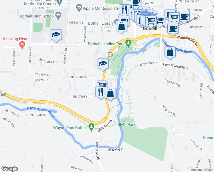 map of restaurants, bars, coffee shops, grocery stores, and more near 17331 Bothell Way Northeast in Bothell