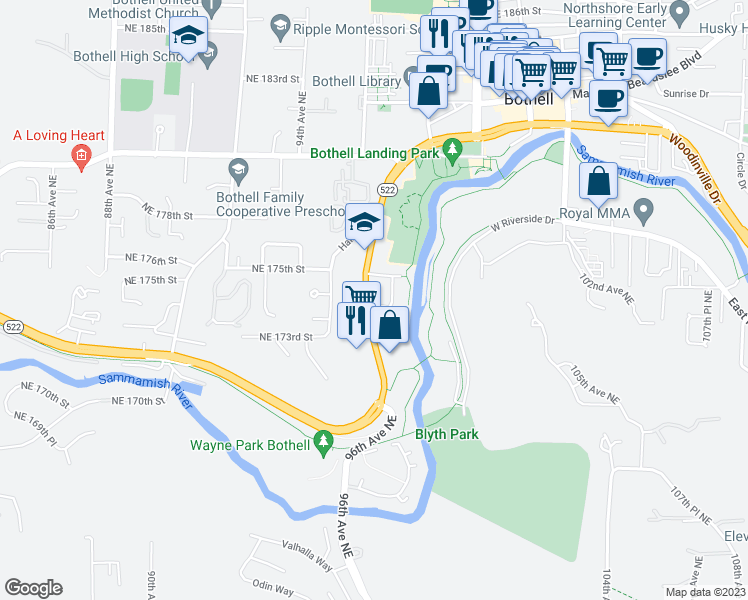 map of restaurants, bars, coffee shops, grocery stores, and more near 17331 Bothell Way Northeast in Bothell
