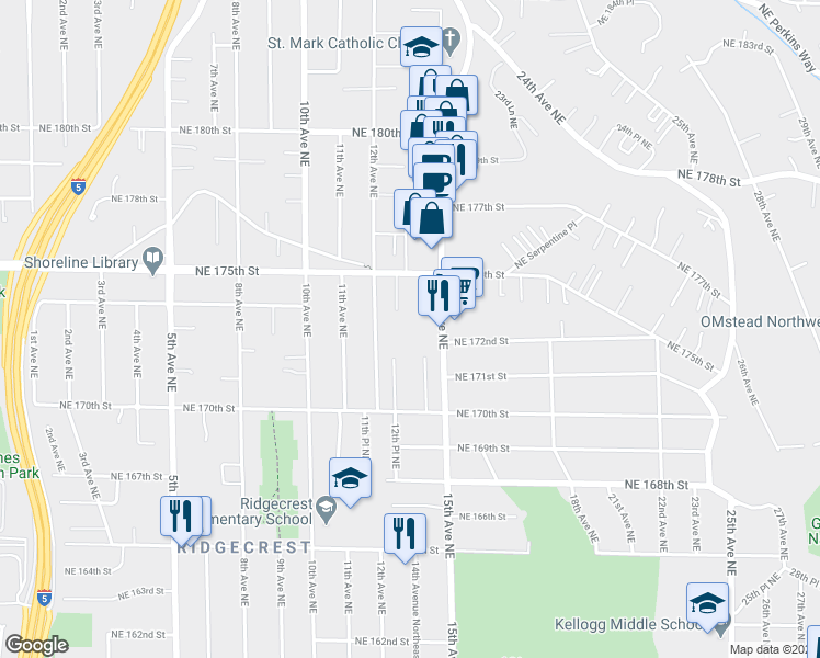 map of restaurants, bars, coffee shops, grocery stores, and more near 17127 15th Avenue Northeast in Shoreline