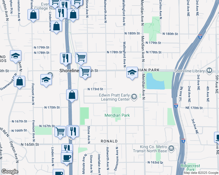 map of restaurants, bars, coffee shops, grocery stores, and more near 17222 Ashworth Avenue North in Shoreline