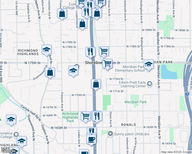 map of restaurants, bars, coffee shops, grocery stores, and more near 17202 Aurora Avenue North in Shoreline