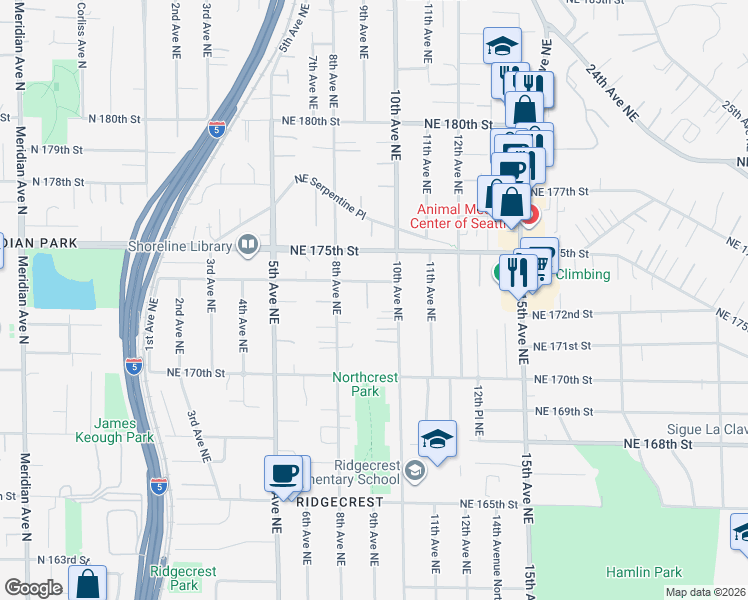 map of restaurants, bars, coffee shops, grocery stores, and more near 17305 9th Avenue Northeast in Shoreline