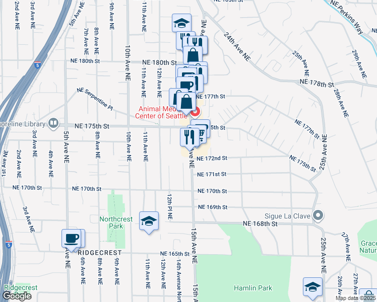 map of restaurants, bars, coffee shops, grocery stores, and more near in Shoreline