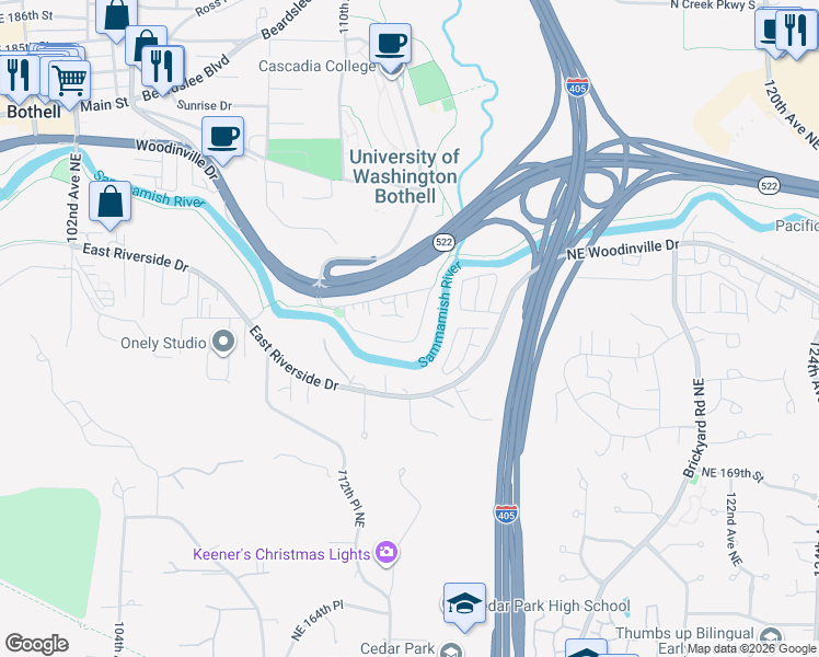 map of restaurants, bars, coffee shops, grocery stores, and more near 17402 113th Avenue Northeast in Bothell