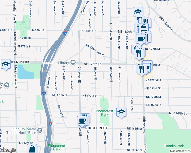 map of restaurants, bars, coffee shops, grocery stores, and more near 17201 8th Avenue Northeast in Shoreline