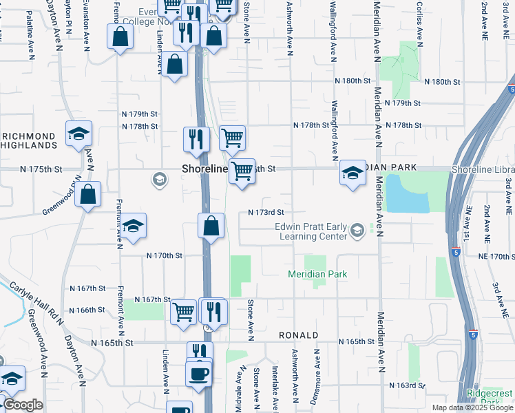 map of restaurants, bars, coffee shops, grocery stores, and more near 1211 North 173rd Street in Shoreline