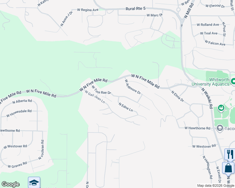 map of restaurants, bars, coffee shops, grocery stores, and more near 1629 West Toni Rae Drive in Spokane
