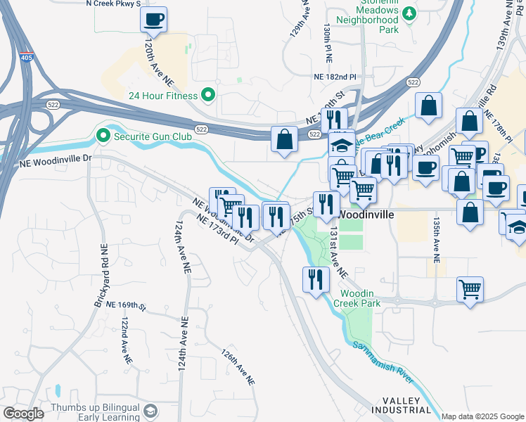 map of restaurants, bars, coffee shops, grocery stores, and more near 12889-12899 Northeast 175th Street in Woodinville
