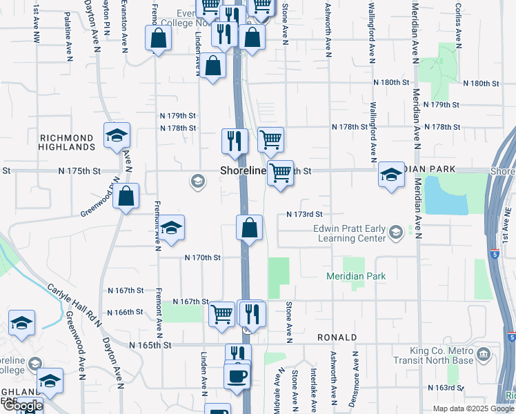 map of restaurants, bars, coffee shops, grocery stores, and more near 17202 Aurora Avenue North in Shoreline
