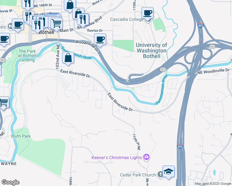 map of restaurants, bars, coffee shops, grocery stores, and more near 10822 East Riverside Drive in Bothell