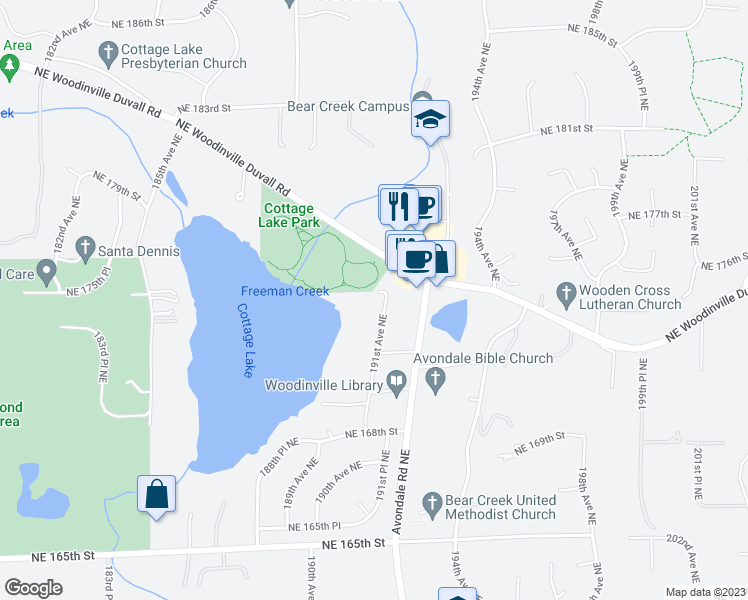 map of restaurants, bars, coffee shops, grocery stores, and more near 17353 191st Avenue Northeast in Woodinville