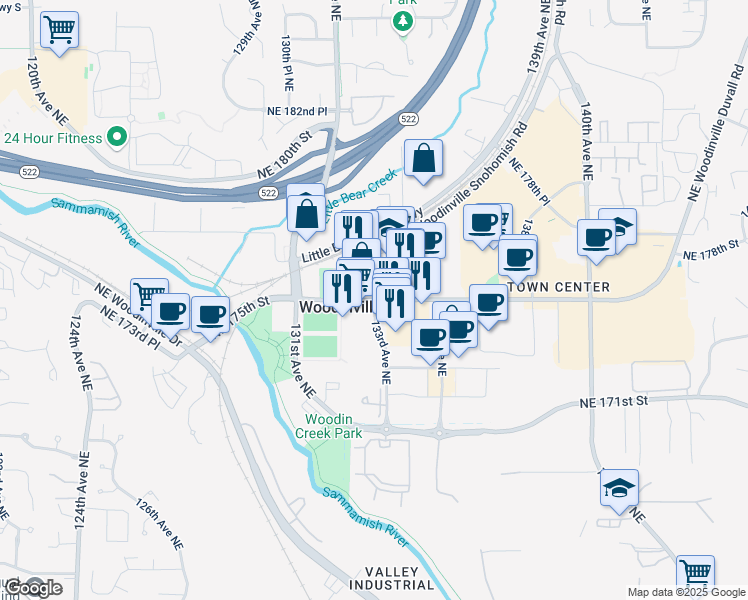 map of restaurants, bars, coffee shops, grocery stores, and more near 17500 133rd Avenue Northeast in Woodinville