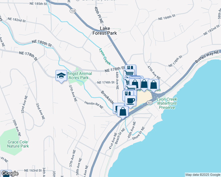 map of restaurants, bars, coffee shops, grocery stores, and more near 17082 Brookside Boulevard Northeast in Lake Forest Park