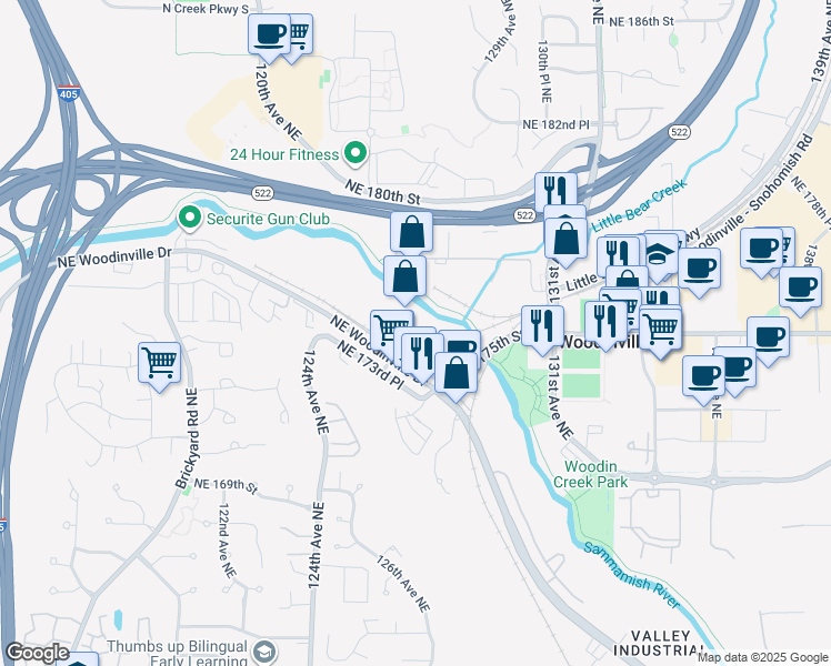 map of restaurants, bars, coffee shops, grocery stores, and more near 17621 128th Place Northeast in Woodinville