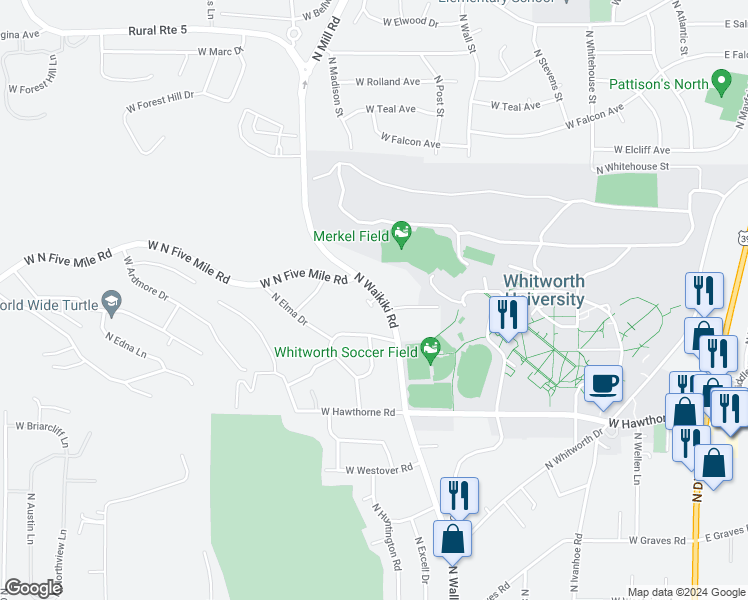 map of restaurants, bars, coffee shops, grocery stores, and more near 10627 North Waikiki Road in Spokane