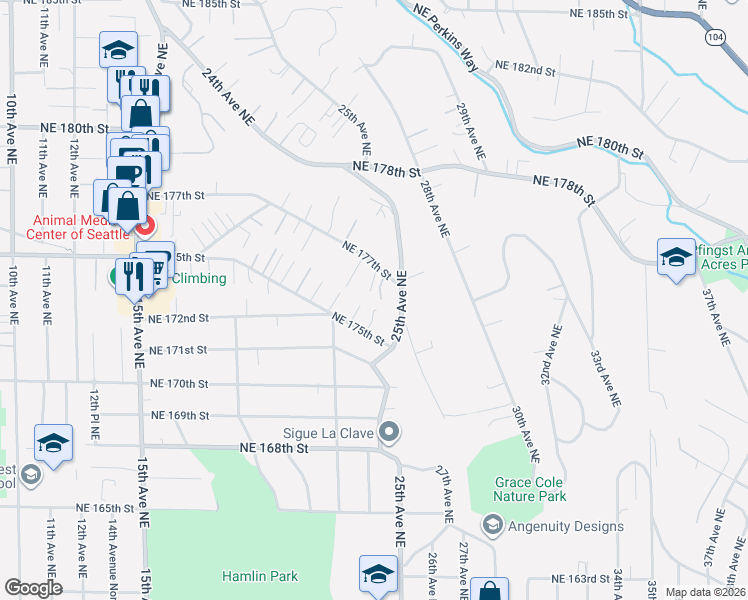 map of restaurants, bars, coffee shops, grocery stores, and more near 2224 Northeast 175th Street in Shoreline