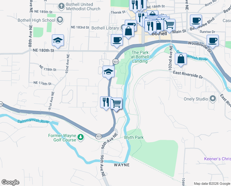 map of restaurants, bars, coffee shops, grocery stores, and more near 17342 Bothell Way Northeast in Bothell