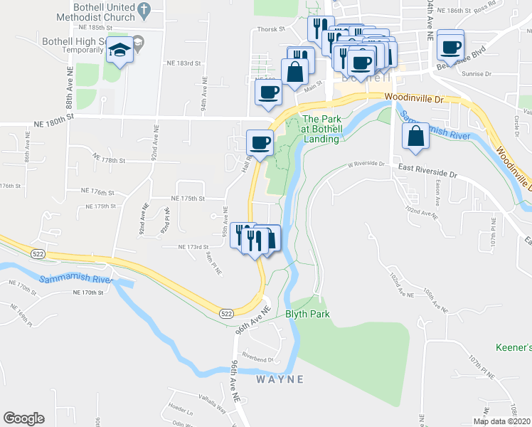 map of restaurants, bars, coffee shops, grocery stores, and more near 17342 Bothell Way Northeast in Bothell