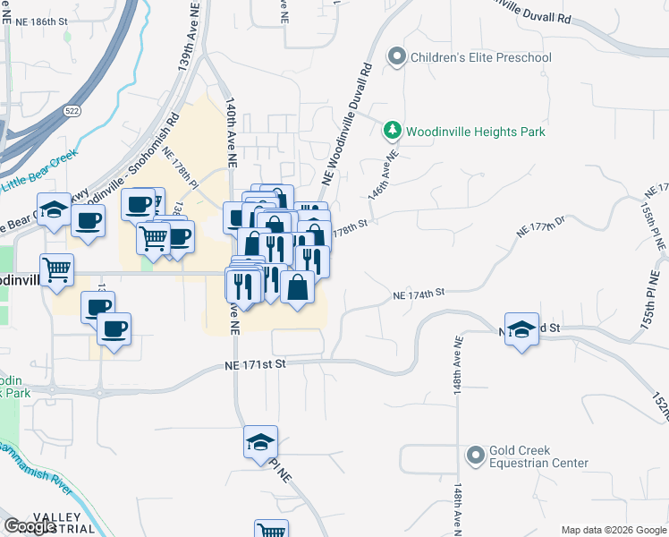 map of restaurants, bars, coffee shops, grocery stores, and more near 17423 143rd Place Northeast in Woodinville