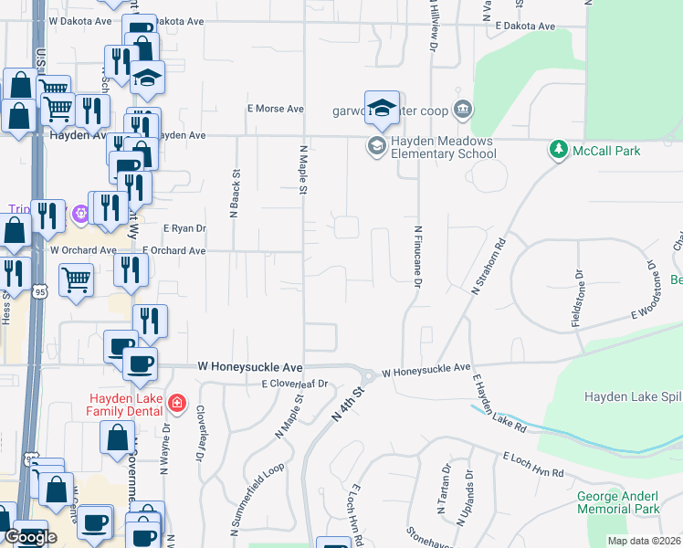 map of restaurants, bars, coffee shops, grocery stores, and more near 798 Maple Place in Hayden