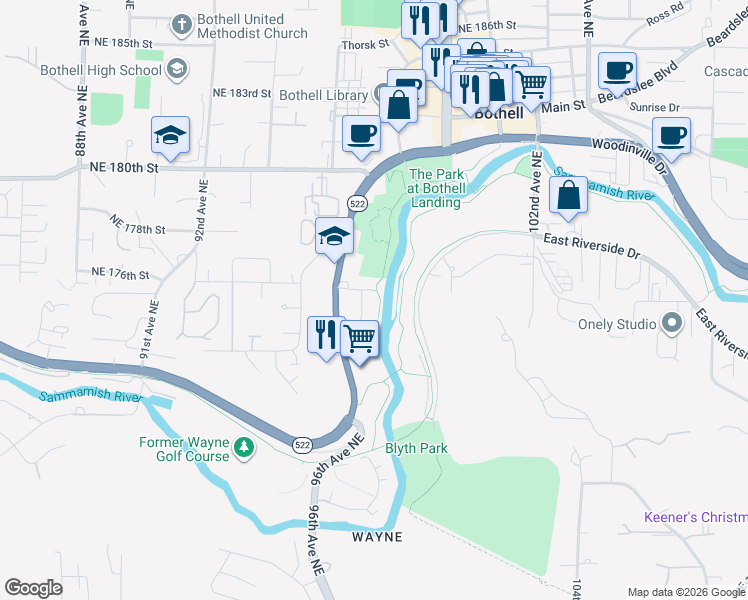 map of restaurants, bars, coffee shops, grocery stores, and more near 17342 Bothell Way Northeast in Bothell