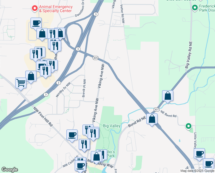 map of restaurants, bars, coffee shops, grocery stores, and more near 21044 Viking Avenue Northwest in Poulsbo