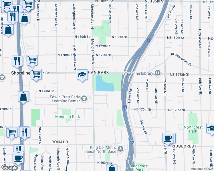 map of restaurants, bars, coffee shops, grocery stores, and more near 2301 North 175th Street in Shoreline