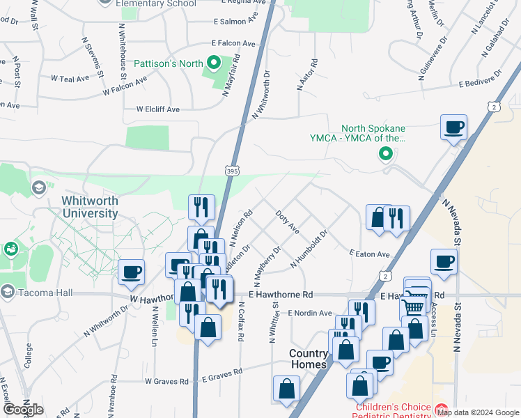 map of restaurants, bars, coffee shops, grocery stores, and more near 10708 North Nelson Road in Spokane