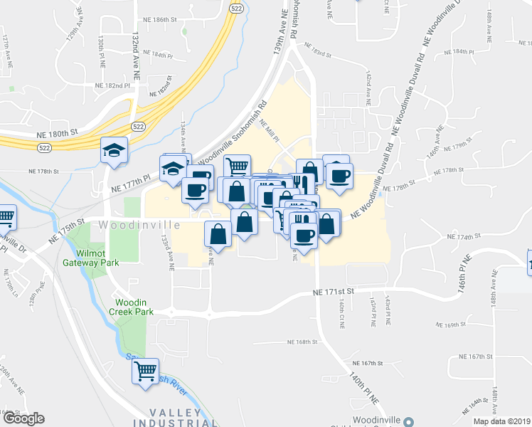 map of restaurants, bars, coffee shops, grocery stores, and more near 13780 Northeast 175th Street in Woodinville