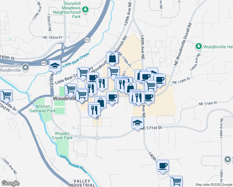 map of restaurants, bars, coffee shops, grocery stores, and more near 13706 Northeast 175th Street in Woodinville