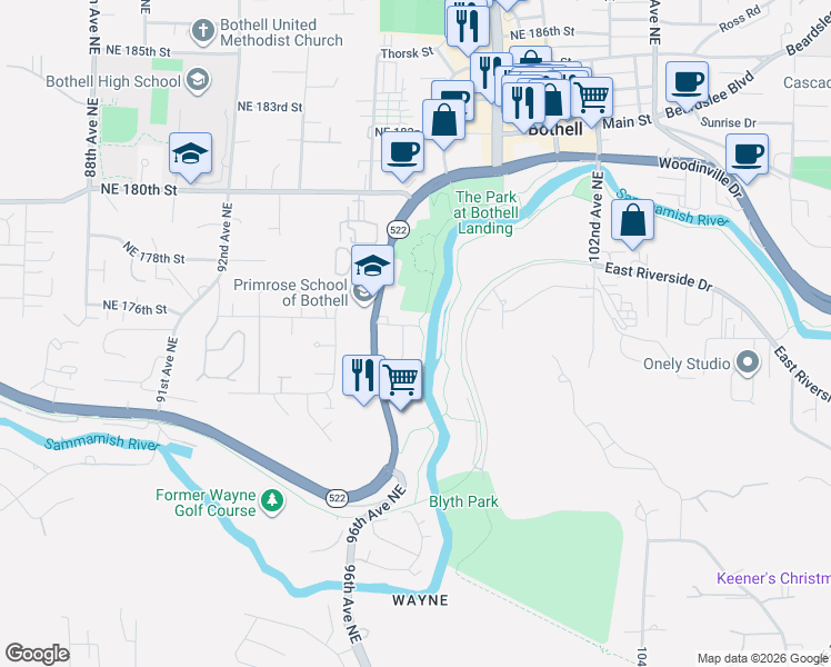 map of restaurants, bars, coffee shops, grocery stores, and more near 17516 Bothell Way Northeast in Bothell