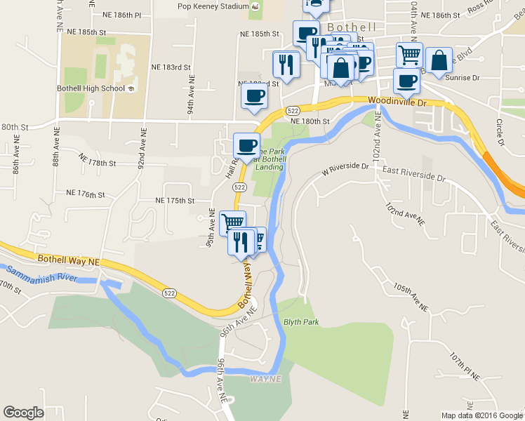 map of restaurants, bars, coffee shops, grocery stores, and more near 17516 Bothell Way Northeast in Bothell