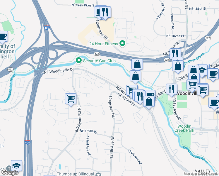 map of restaurants, bars, coffee shops, grocery stores, and more near in Bothell