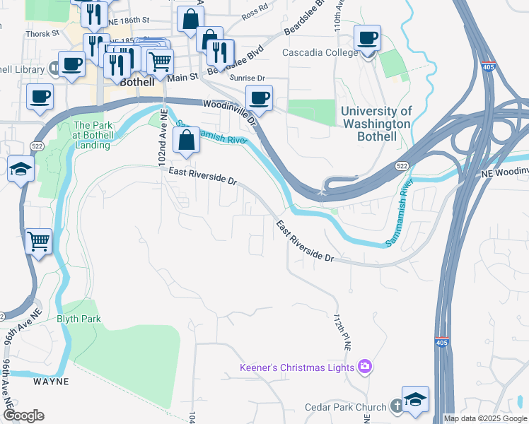 map of restaurants, bars, coffee shops, grocery stores, and more near 10634 East Riverside Drive in Bothell