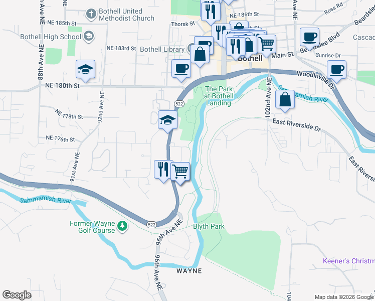 map of restaurants, bars, coffee shops, grocery stores, and more near 17516 Bothell Way Northeast in Bothell